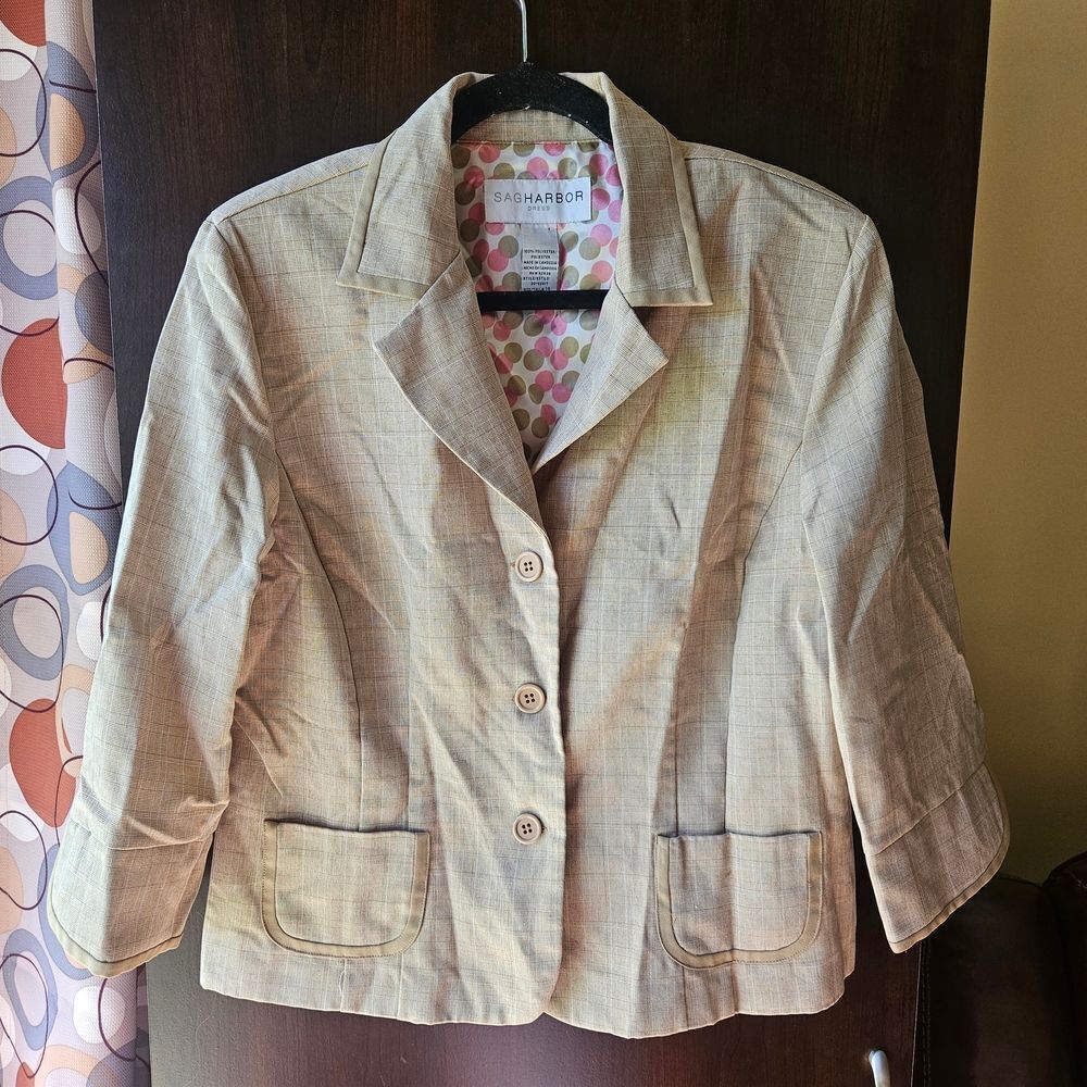 Sag Harbor Cream Beige Plaid Lightweight Blazer Jacket Size 14